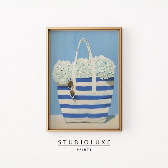 Striped Beach Tote with Hydrangeas Blue Coastal Watercolor Print