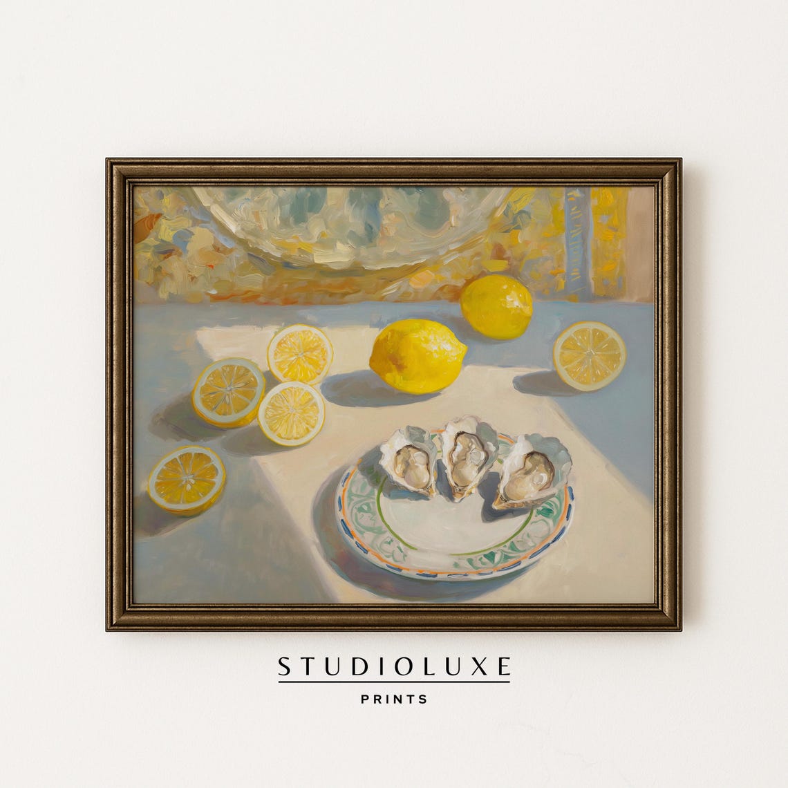 Sunlit Oyster Lemon Still Life Poster Three Oysters Plate Kitchen Art