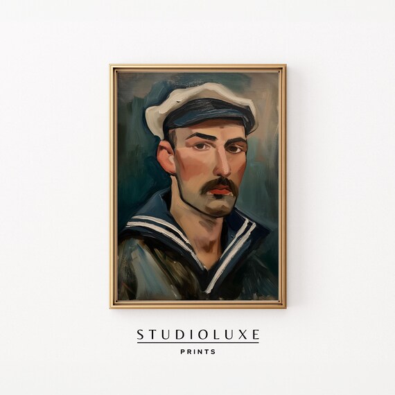 Vintage Sailor Portrait Poster Mustached Seaman Oil Painting Coastal Art