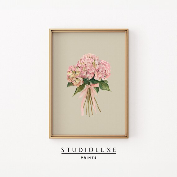 Pink Hydrangea Bouquet with Pink Ribbon Watercolor Floral Poster
