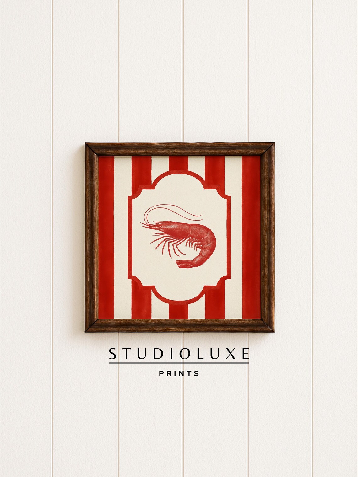 Red Shrimp Nautical Poster, Vintage Seafood Illustration on Striped Art