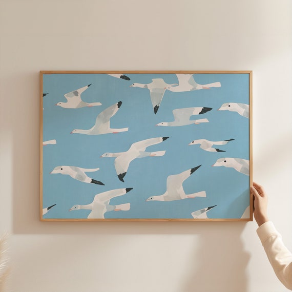 Seagulls Painting Coastal Wall Art Trendy Apartment Decor Light Blue Cute Bird Dorm Room Prints