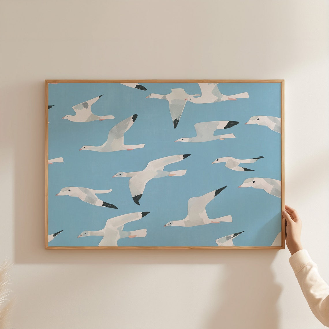 Stylized Seagulls In Flight On Light Blue Pattern Art Poster