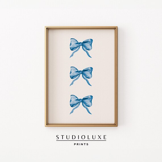 Three Blue Watercolor Ribbon Bows Preppy Nursery Decor Wall Art