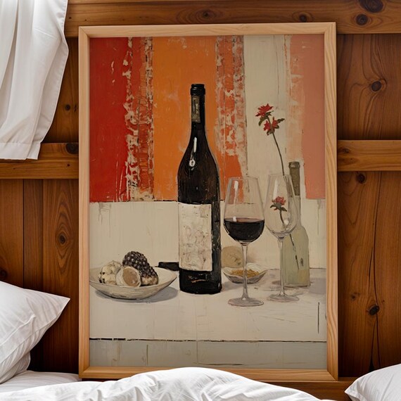 Rustic Red Wine Bottle And Glasses Still Life Kitchen Poster