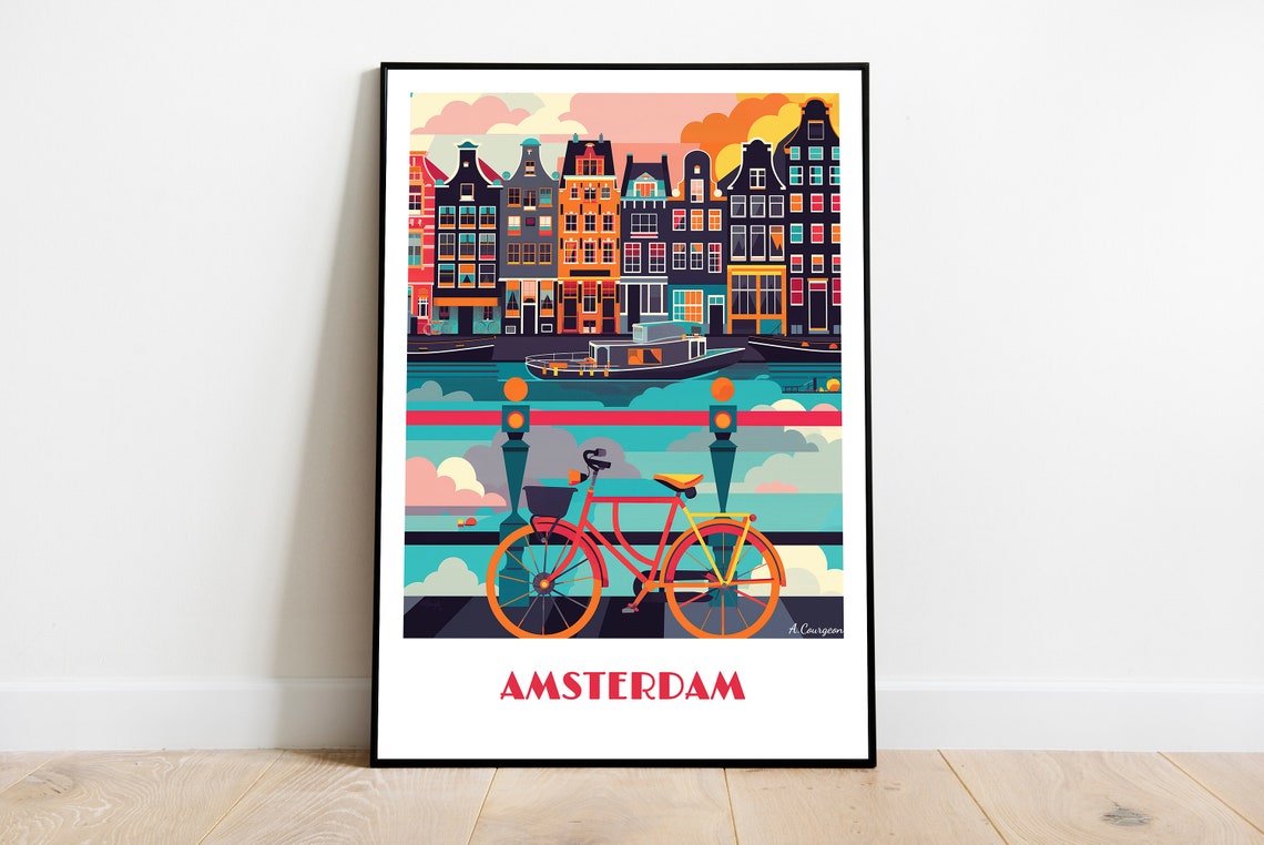 Colorful Handmade Amsterdam Poster Wall Art Retro Travel Framed Birthday Home Made Decor Gift Illustration Print Custom Text