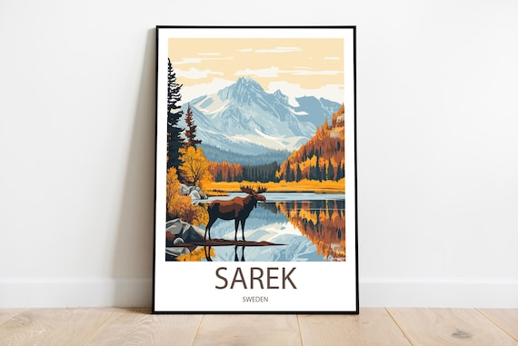 Sarek Sweden Autumn Moose Lake Retro Travel Poster Scandinavian Decor