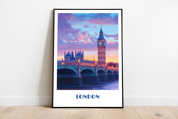Traditional London Travel Poster Uk Big Ben Print Wedding Gift Anniversary Personalized Custom Text