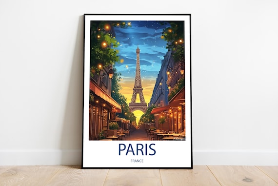 Paris France Eiffel Tower Sunset Street Cafe Golden Evening Travel Poster