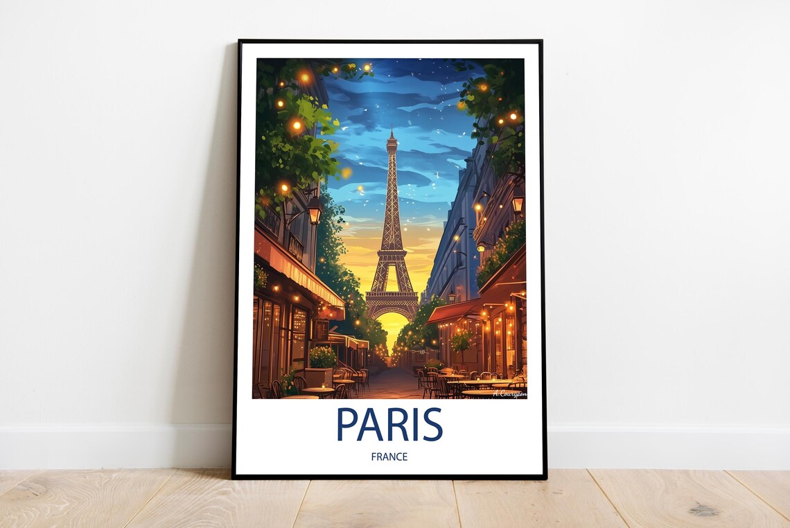 Paris France Eiffel Tower Sunset Street Cafe Golden Evening Travel Poster