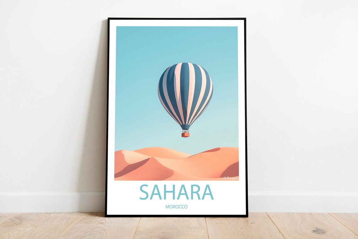 Sahara Morocco Hot Air Balloon Over Golden Desert Dunes Poster