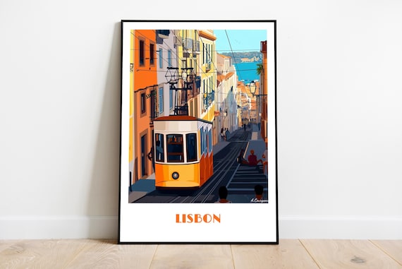 Lisbon Yellow Tram Climbing Steep Street Vintage Travel Poster