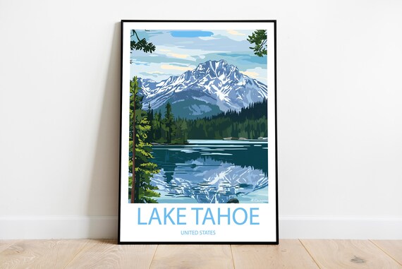 Handmade Poster Of Lake Tahoe United States Wall Art Modern Travel Framed Birthday Home Made Decor Gift Vector Illustration Print