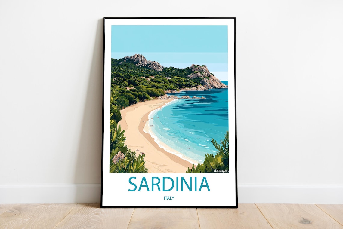 Sardinia Italy Turquoise Bay Sandy Beach Island Cove Travel Poster