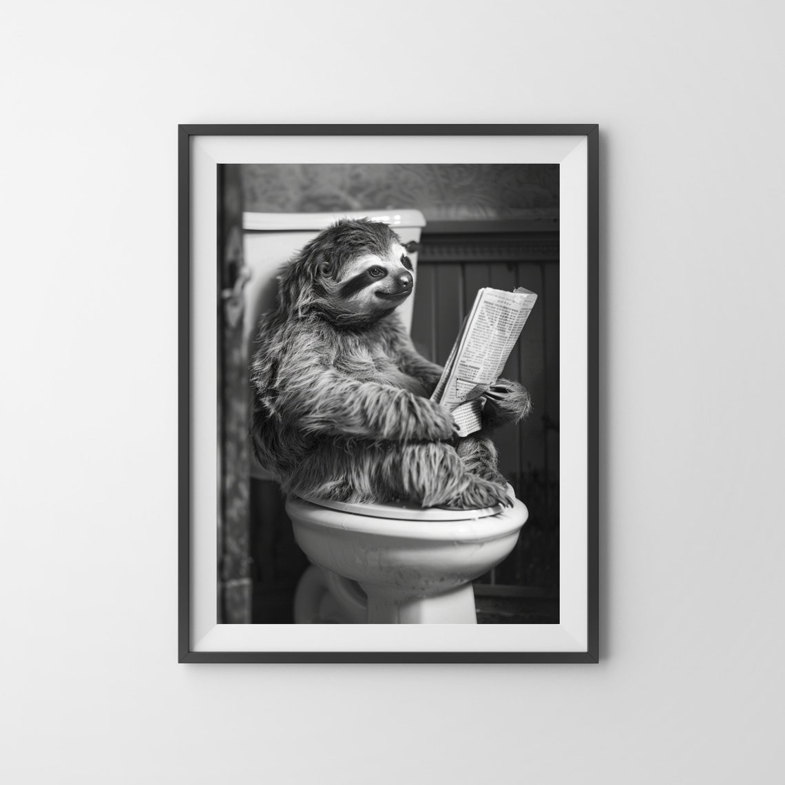 Sloth Reading Newspaper on Toilet Black and White Funny Animal Poster - Image 3