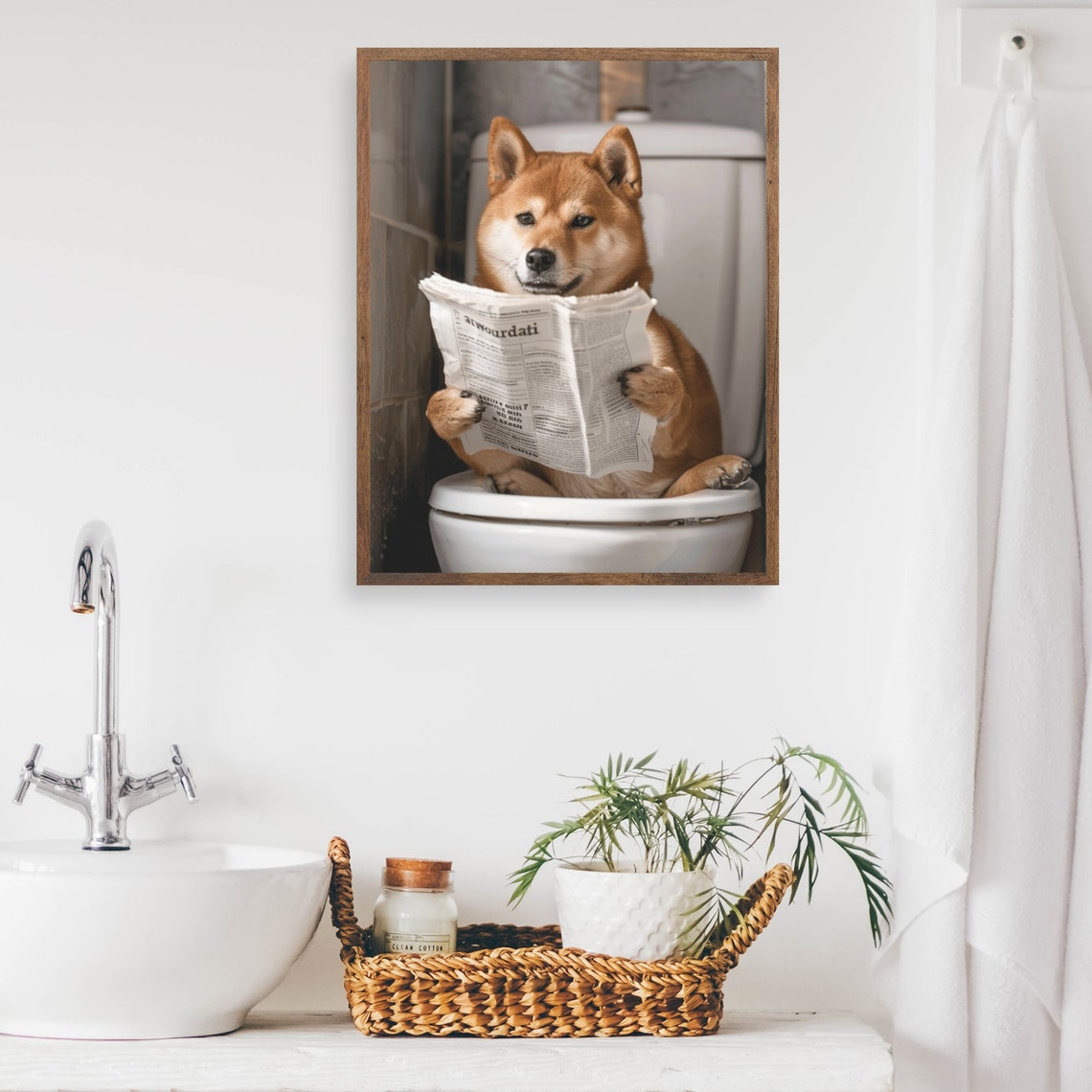 Shiba Inu Sitting On The Toilet Reading A Newspaper Funny Bathroom Humor Wall Decor Funny Animal Print Shiba Inu Print Ai Art - Image 2