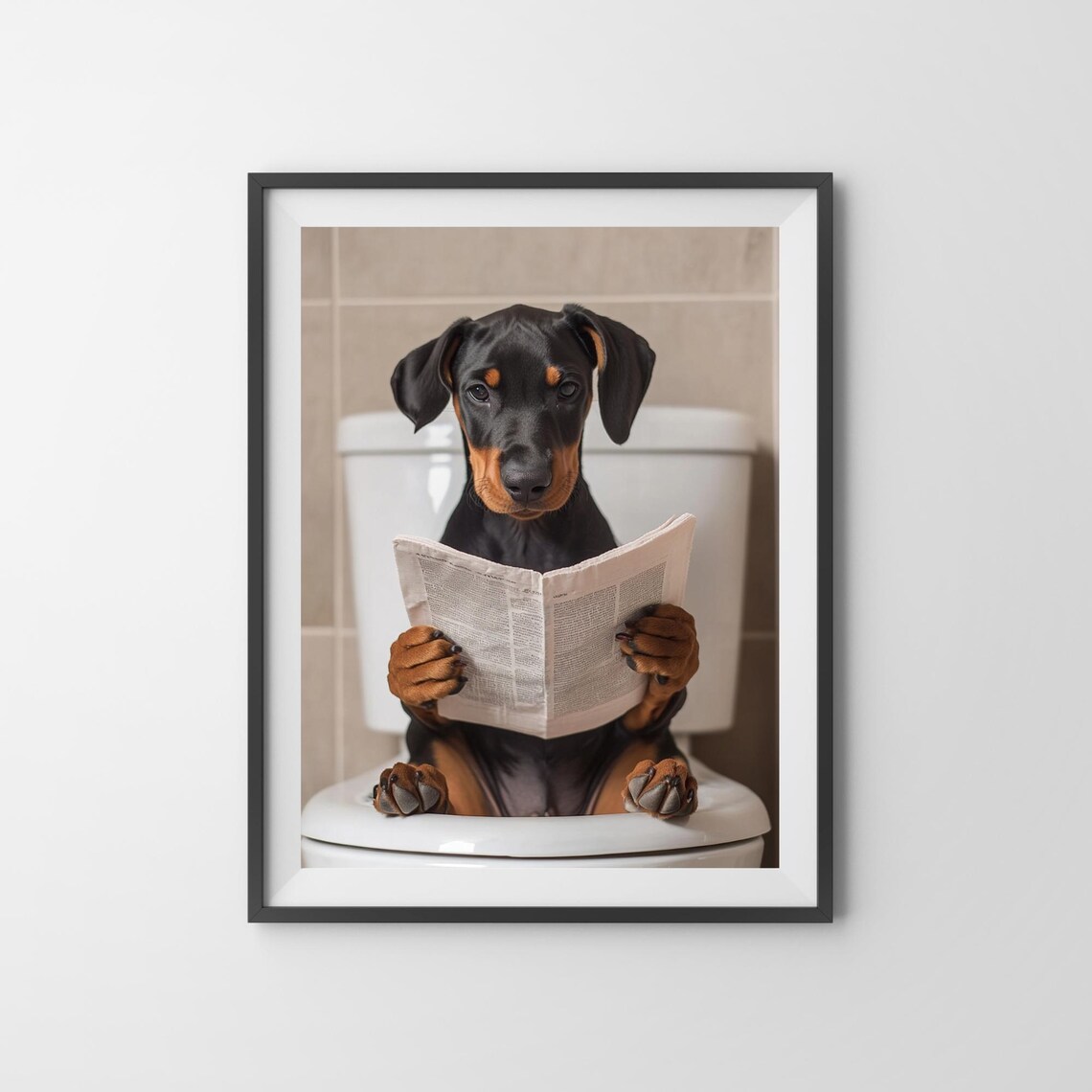 Doberman Puppy Reading a Newspaper on the Toilet Funny Dog Poster - Image 3