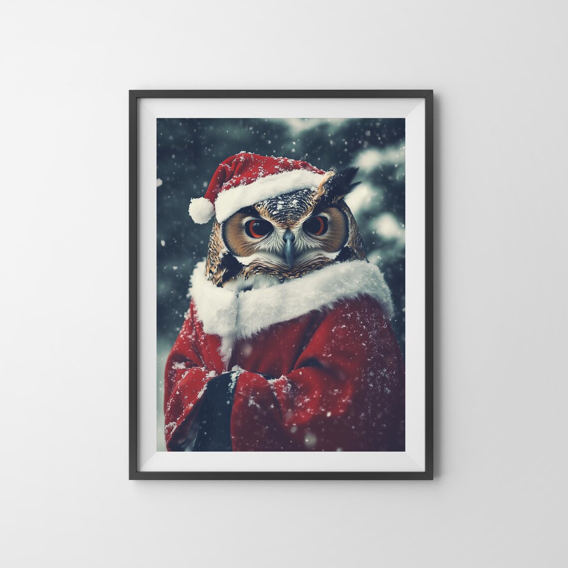 Great Horned Owl in Santa Outfit Snowy Christmas Wildlife Poster - Image 3