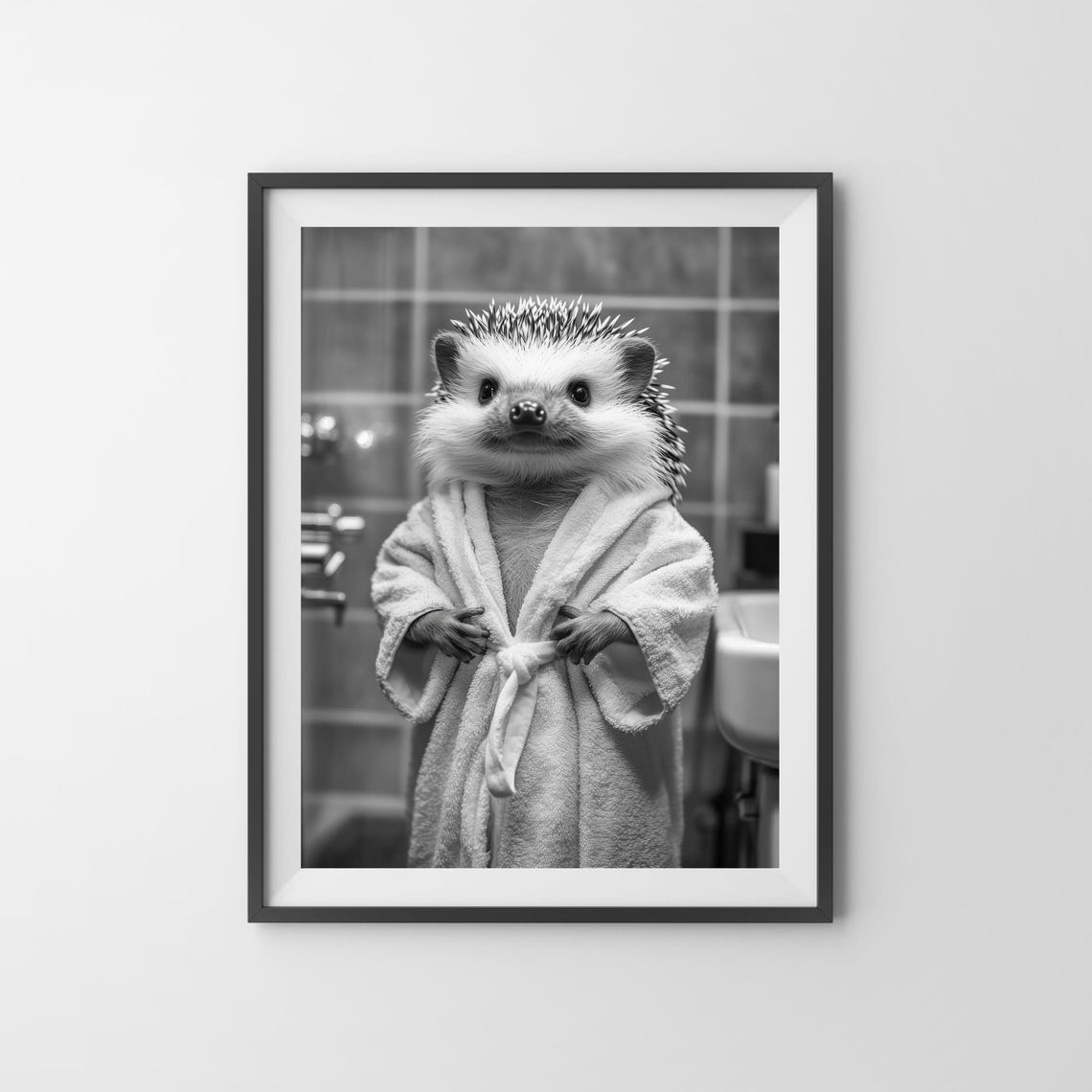 Hedgehog in a Bathrobe Black and White Funny Bathroom Poster - Image 3