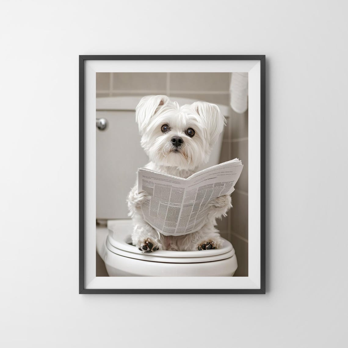 Tiny White Dog Reading Newspaper On The Toilet Bathroom Poster - Image 3