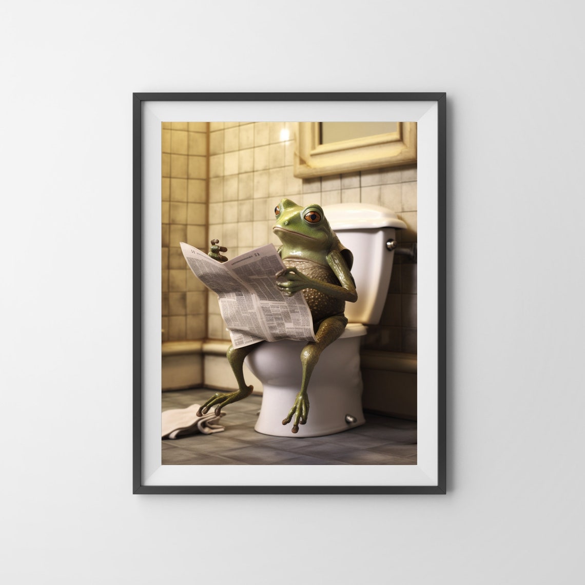 Frog on the Toilet Reading a Newspaper Funny Bathroom Poster - Image 3