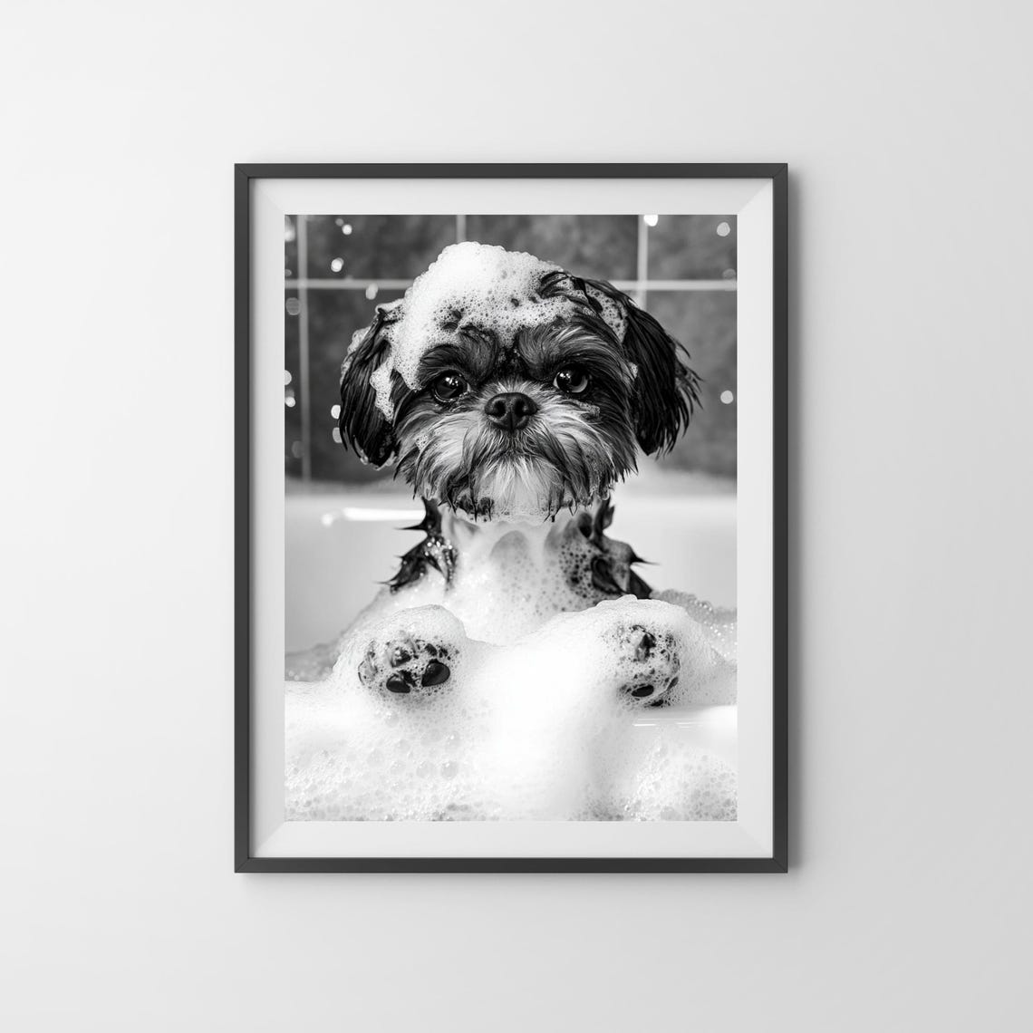 Shih Tzu in Bubble Bath Black and White Cute Dog Bathroom Poster - Image 3