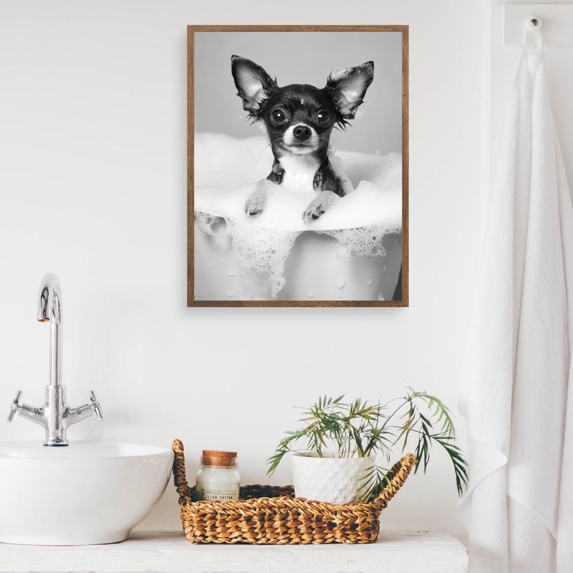 Cute Chihuahua Puppy in a Bubble Bath Black and White Poster - Image 2