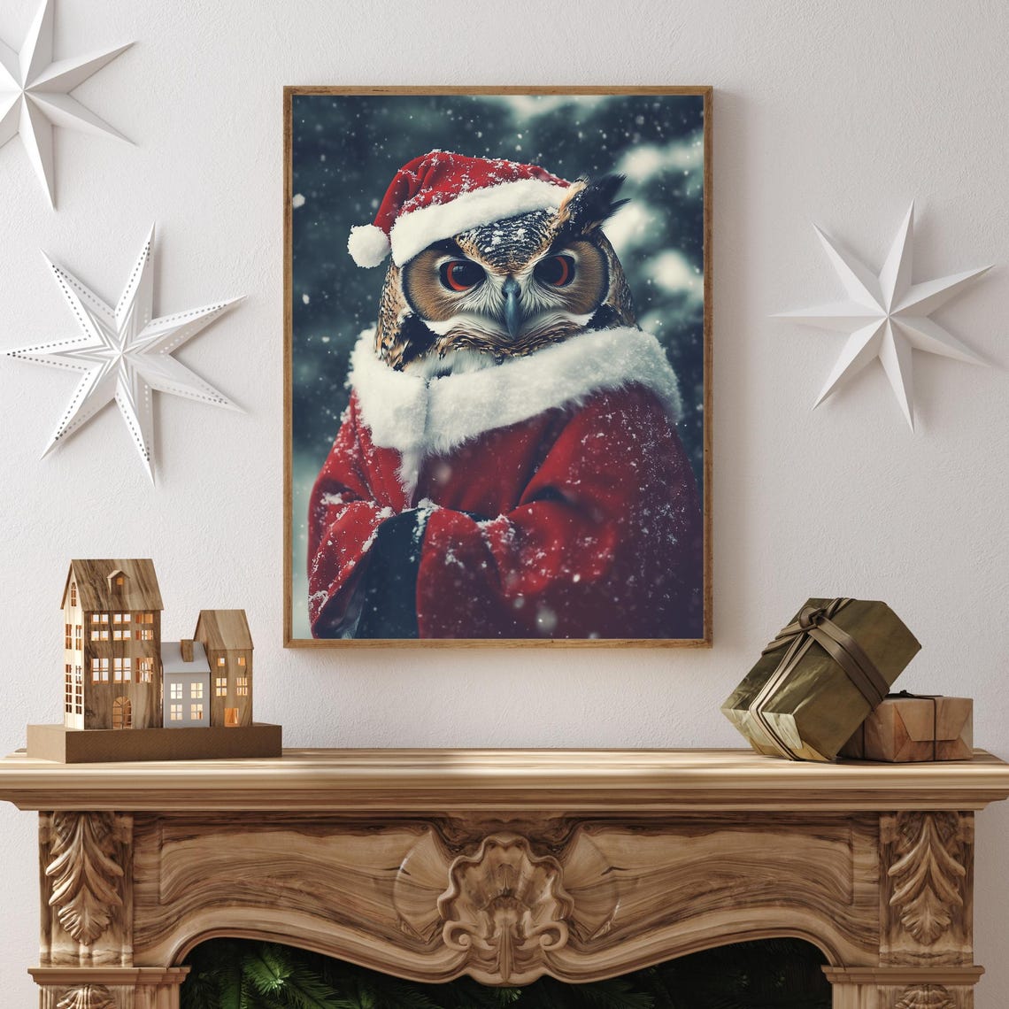 Great Horned Owl in Santa Outfit Snowy Christmas Wildlife Poster - Image 2