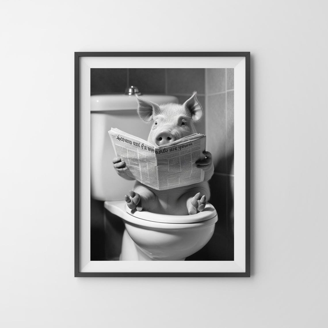 Piglet Reading Newspaper On The Toilet Monochrome Bathroom Poster - Image 3