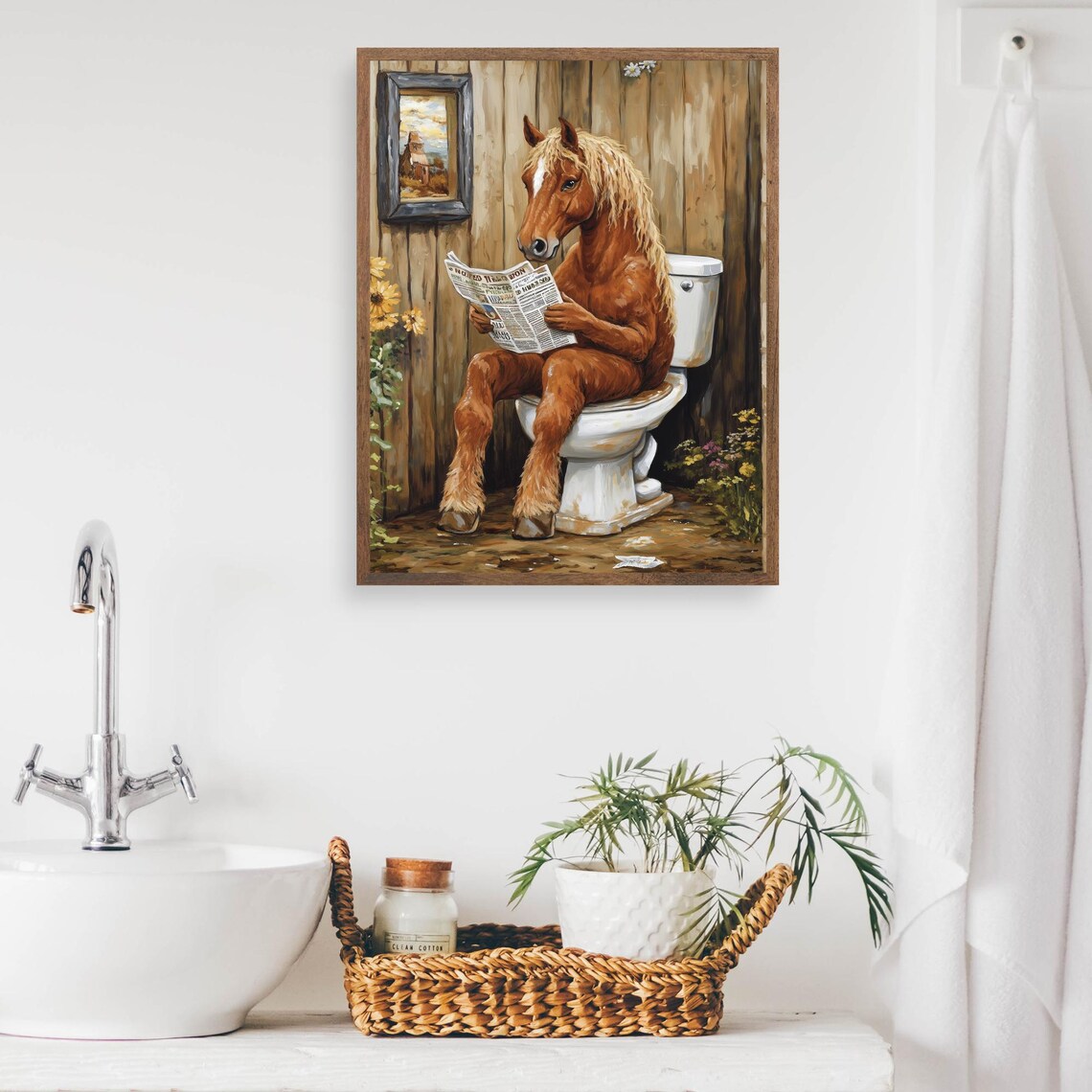Horse Reading a Newspaper on the Toilet Rustic Farmhouse Color Poster - Image 2