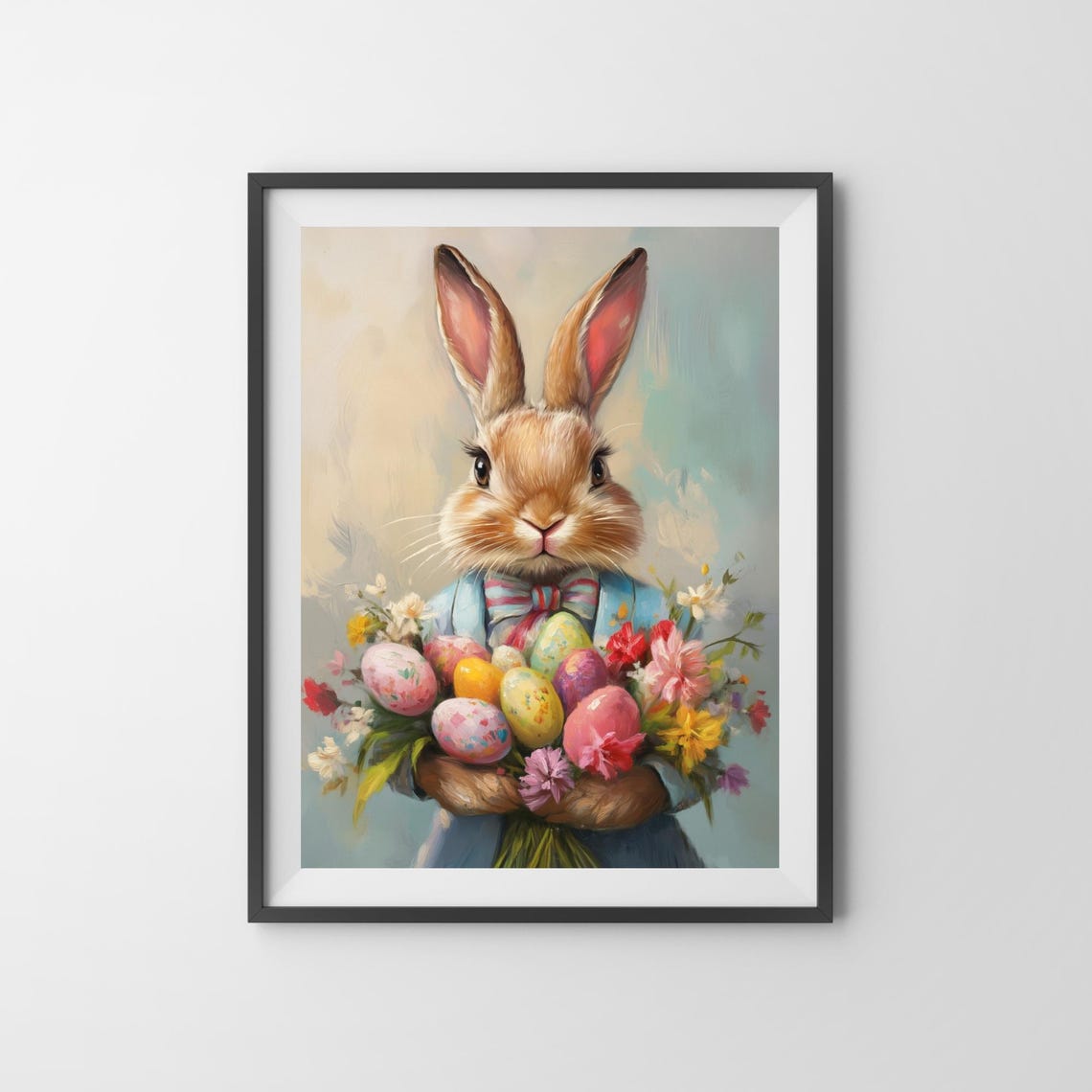 Easter Bunny in Blue Jacket Holding Egg Bouquet Spring Poster - Image 3