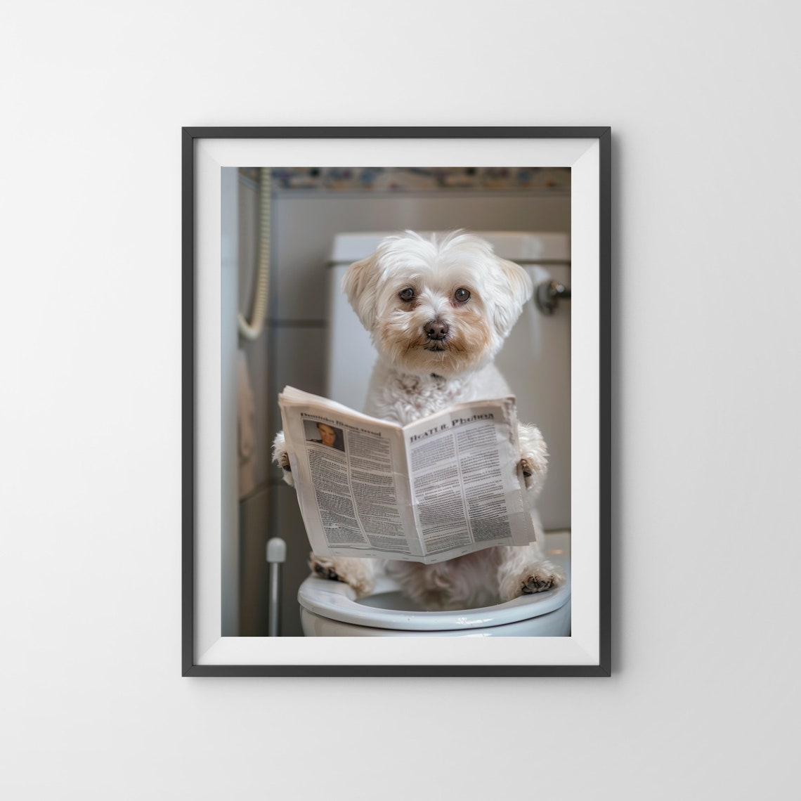 Sweet White Dog Reading Newspaper On The Toilet Bathroom Poster - Image 3