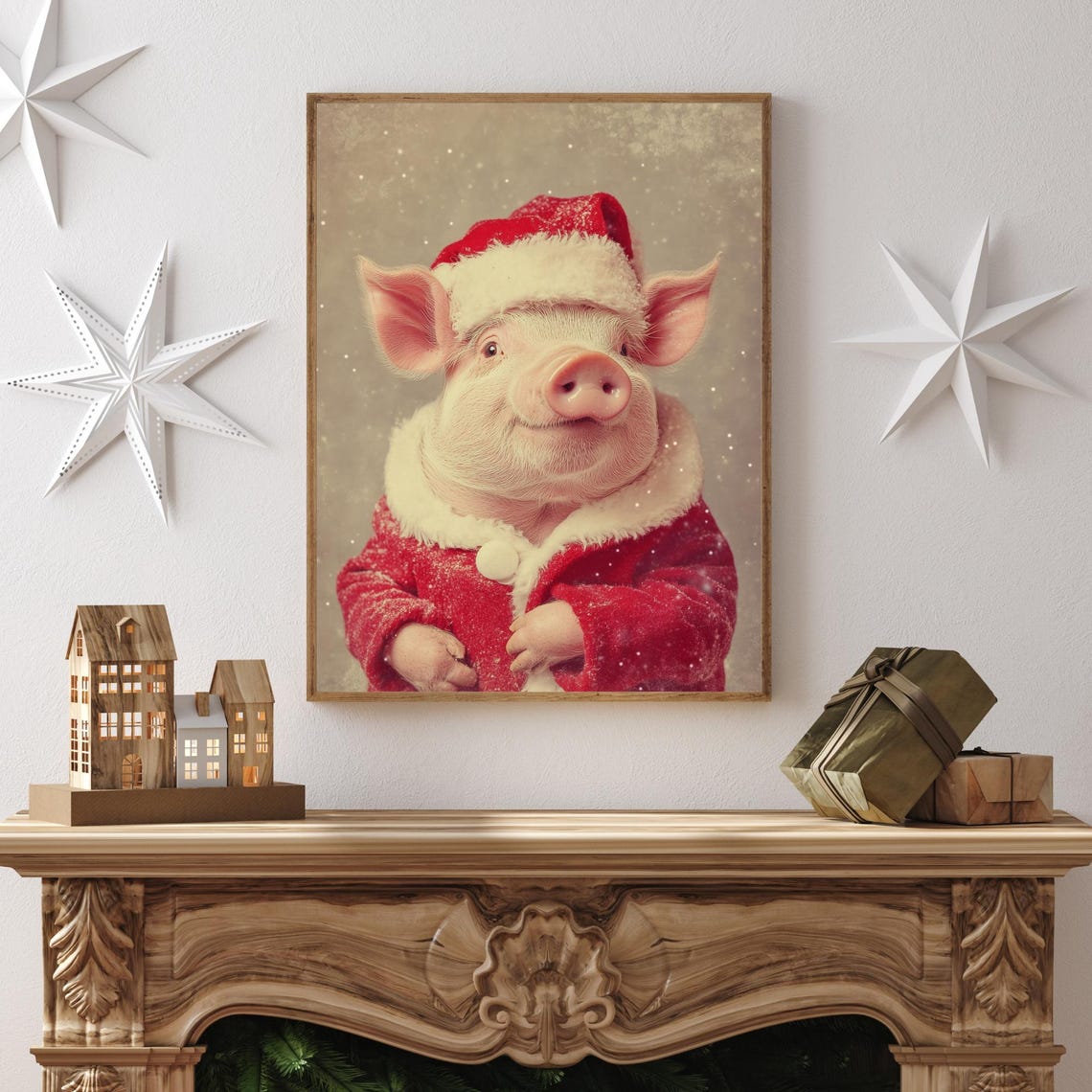Cute Pig Wearing Santa Hat And Red Coat Festive Christmas Poster - Image 2