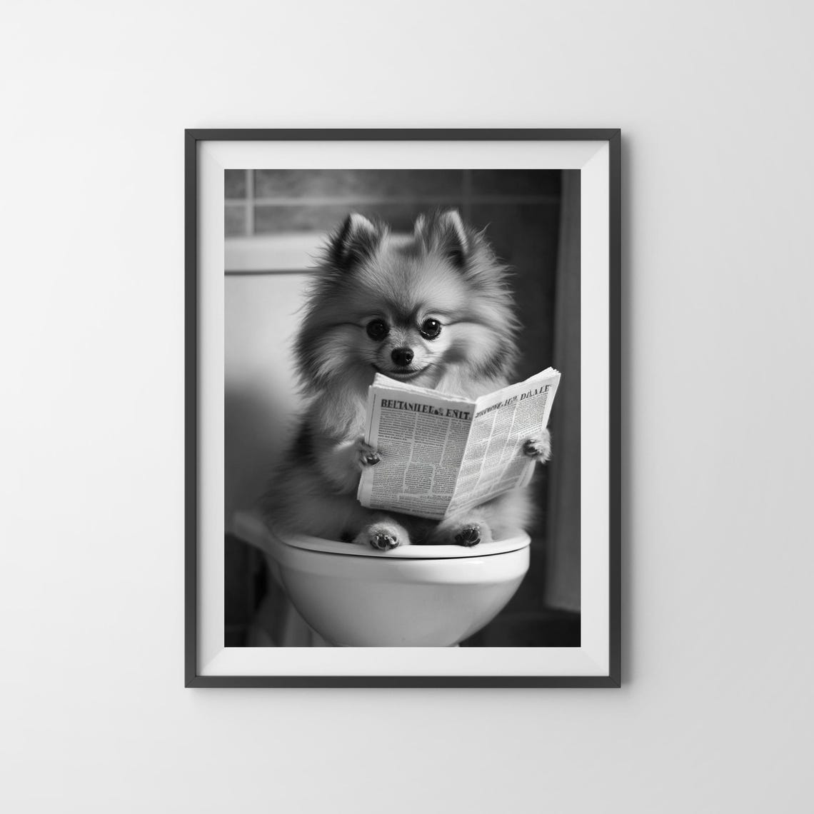 Pomeranian Reading Newspaper On The Toilet Monochrome Bathroom Poster - Image 3