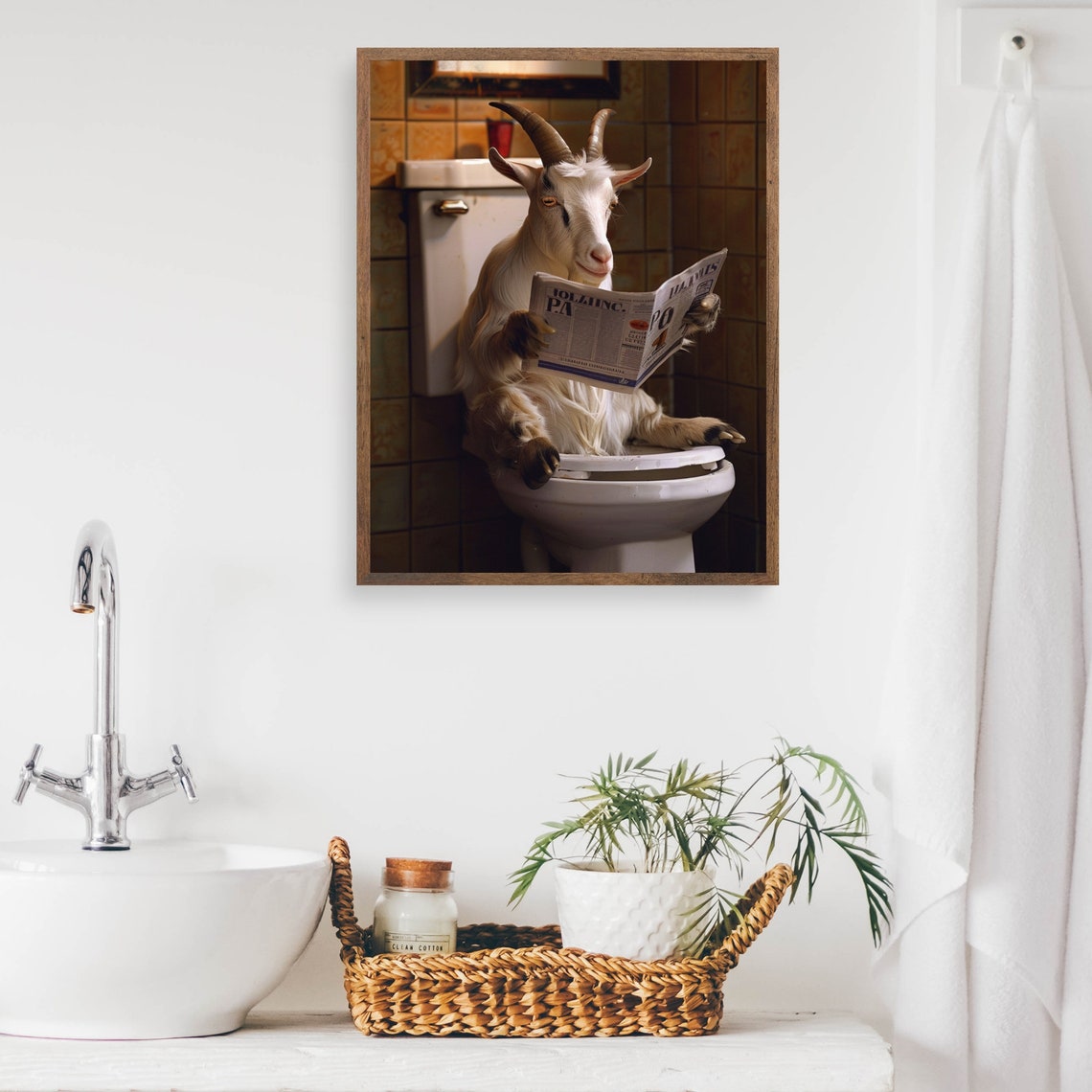 Funny Goat on Toilet Reading Newspaper Quirky Bathroom Poster - Image 2