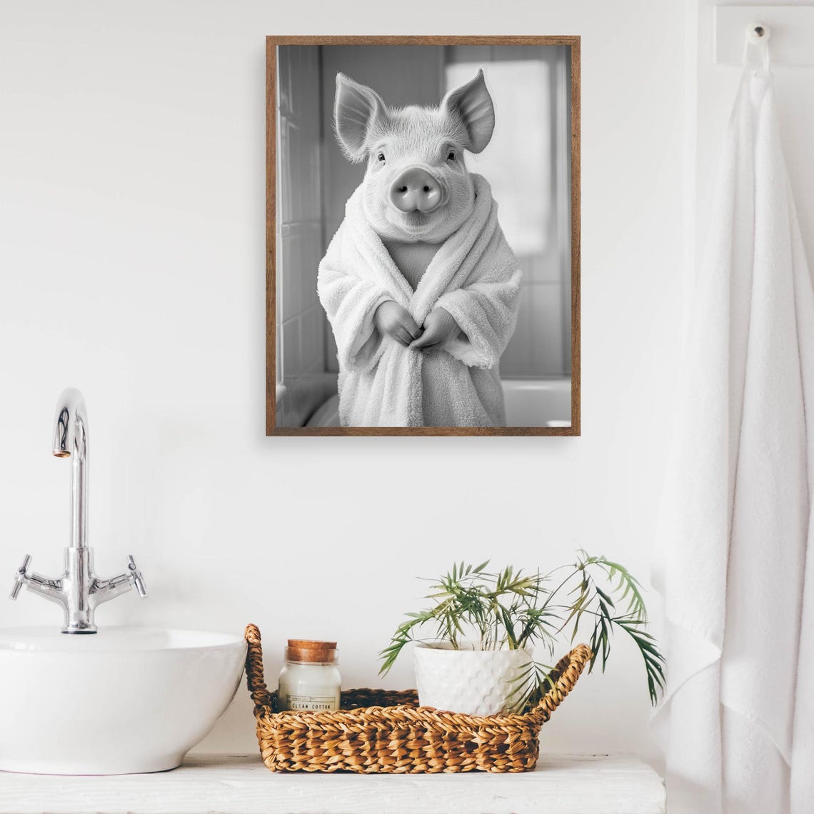 Cheerful Pig in a Bathrobe in Black and White Bathroom Poster - Image 2