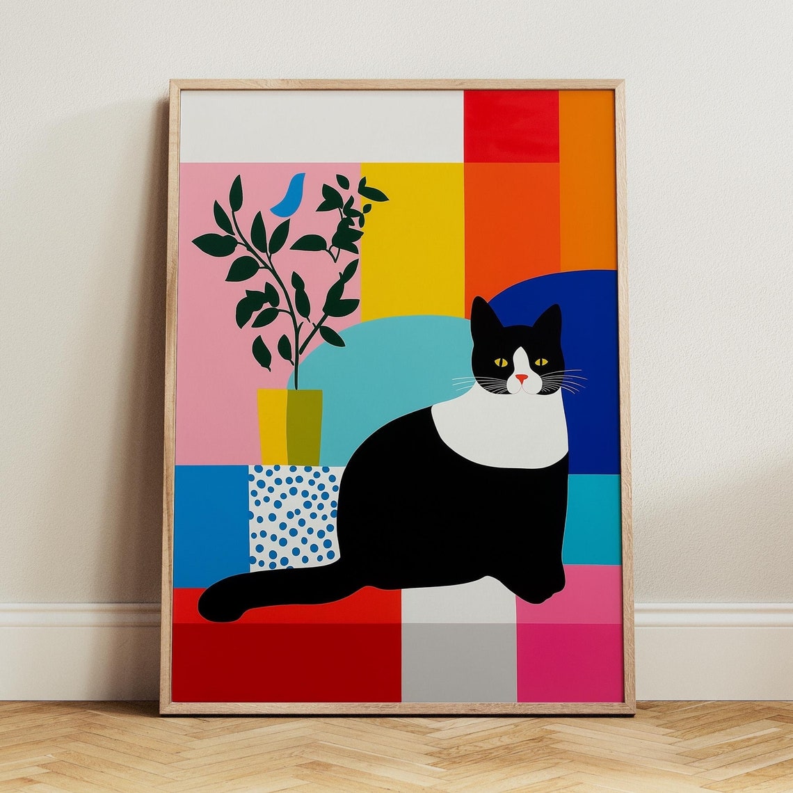 Black and White Cat Against Colorful Geometric Blocks Art Print