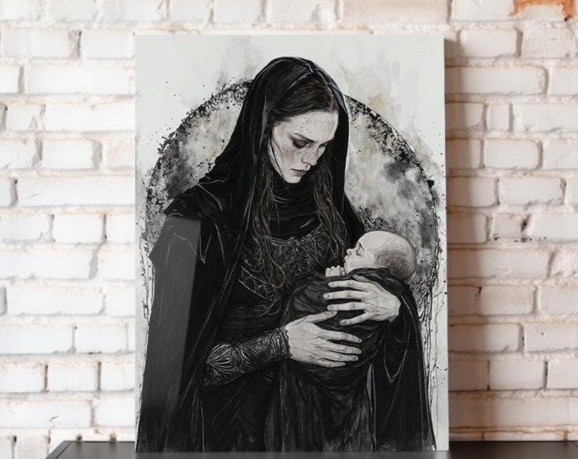 Gothic Mother Holding Baby Monochrome Tender Dark Romantic Art Poster