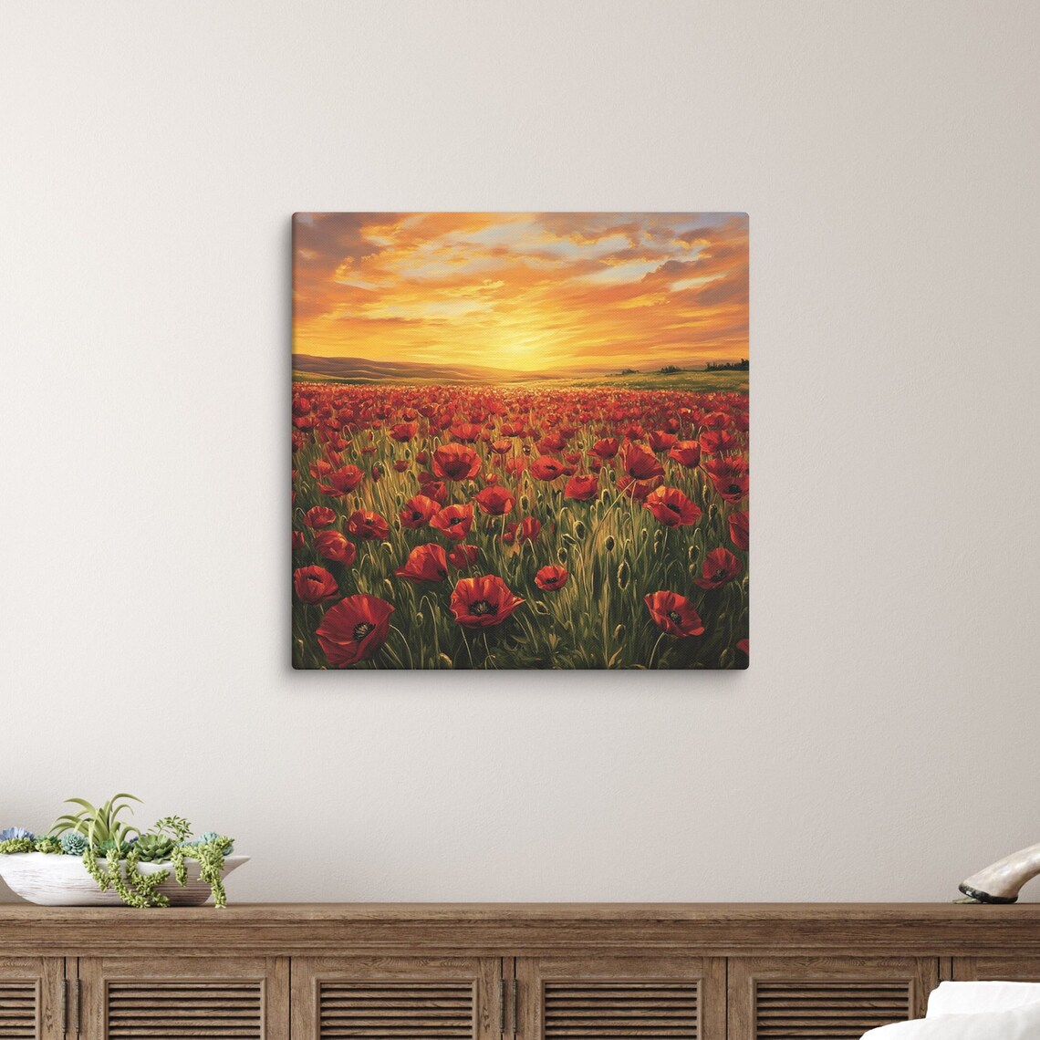 Red Poppy Field Sunset Golden Sky Flower Meadow Canvas Art Print