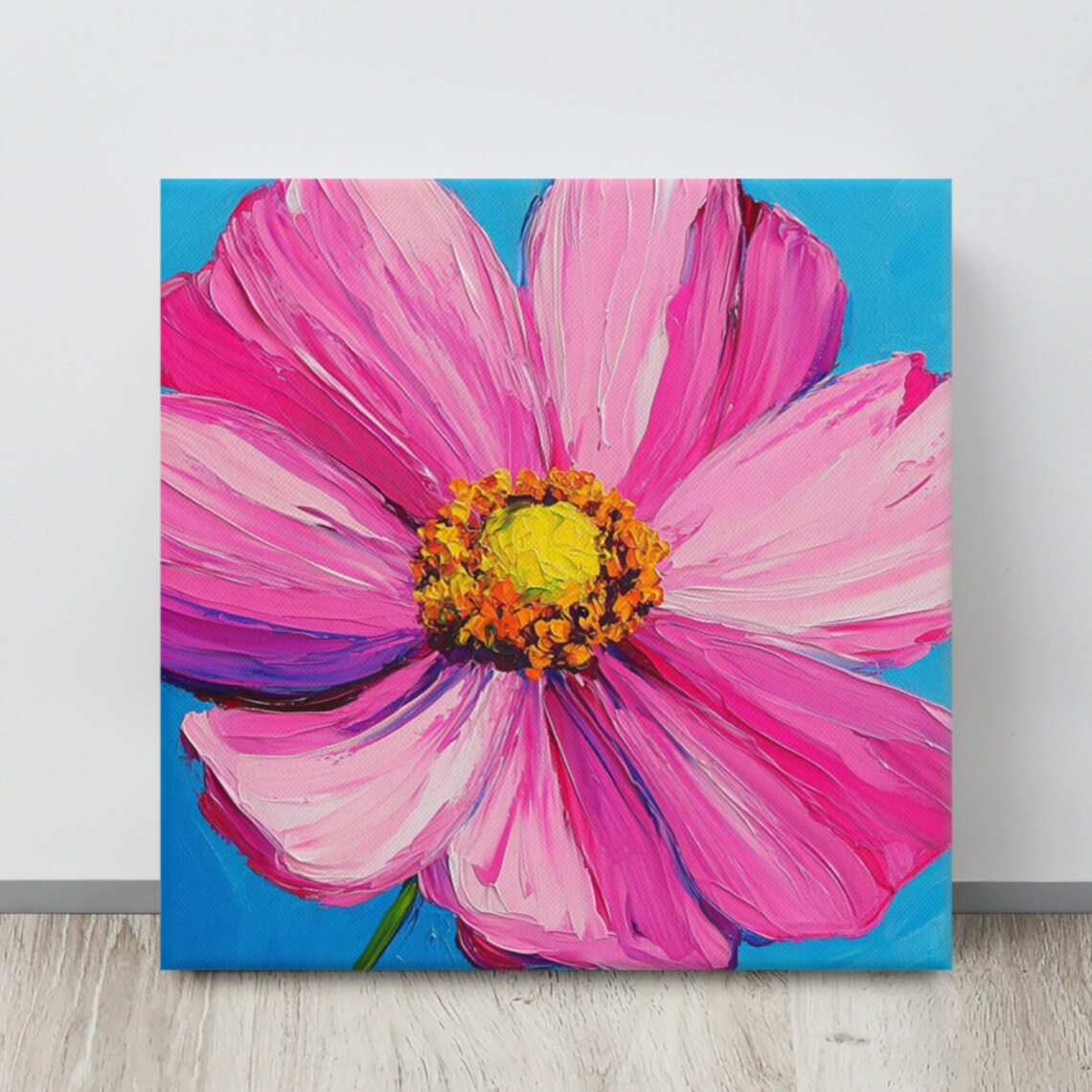 Bright Pink Cosmos Flower Blue Background Impasto Print Poster