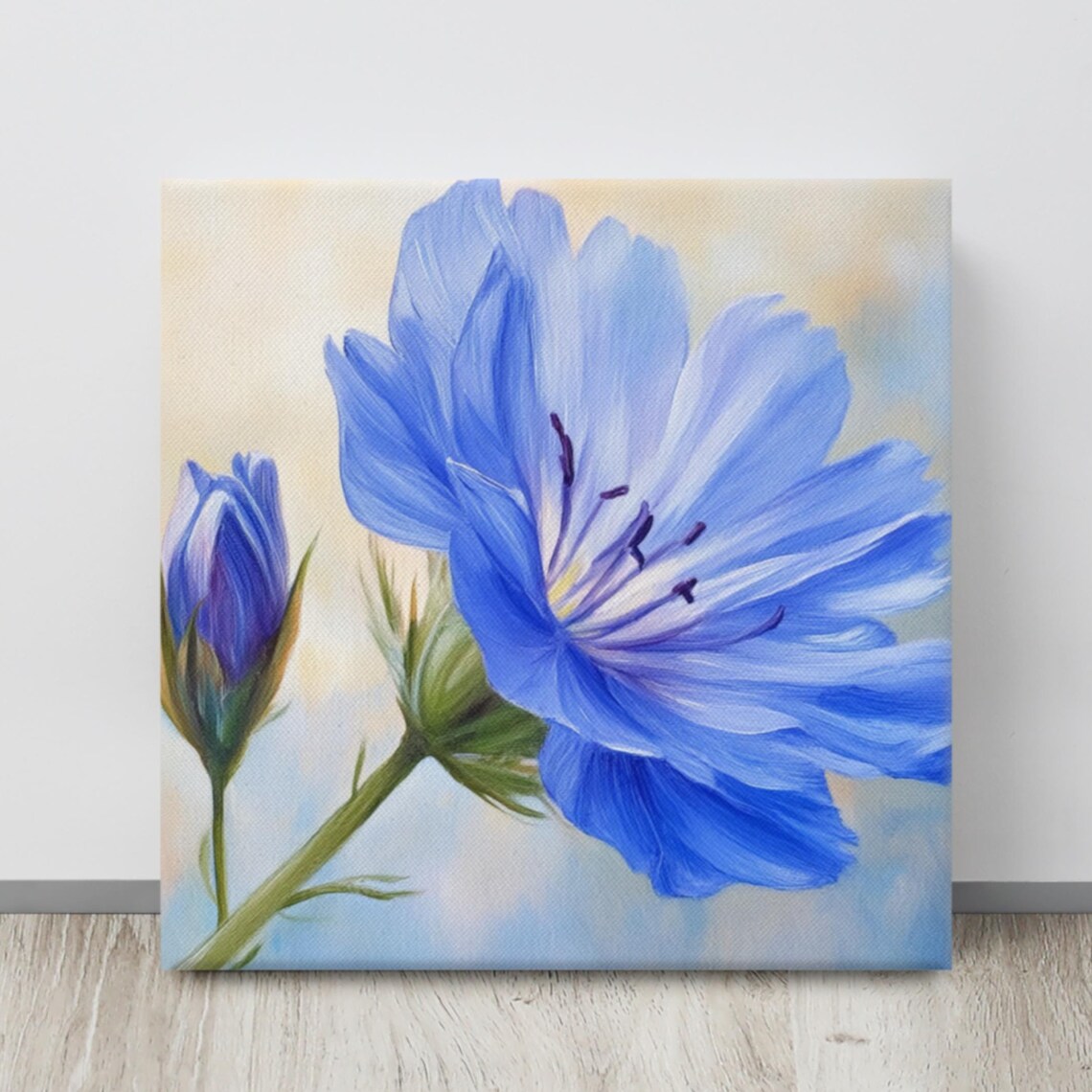 Blue Chicory Flower Bloom and Bud Vivid Botanical Painting Art Poster