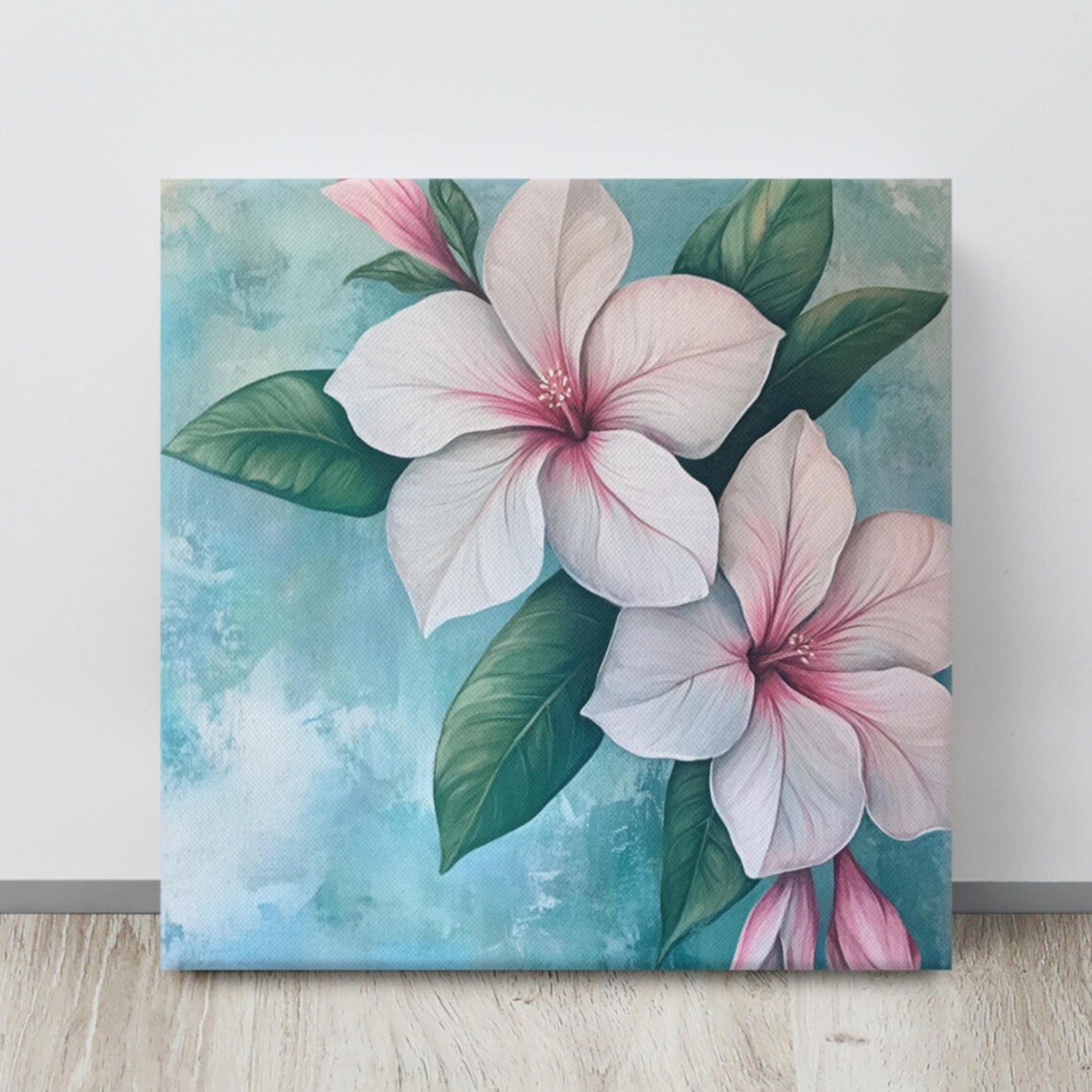 White Azalea Pink Center Teal Blue Background Tropical Floral Poster