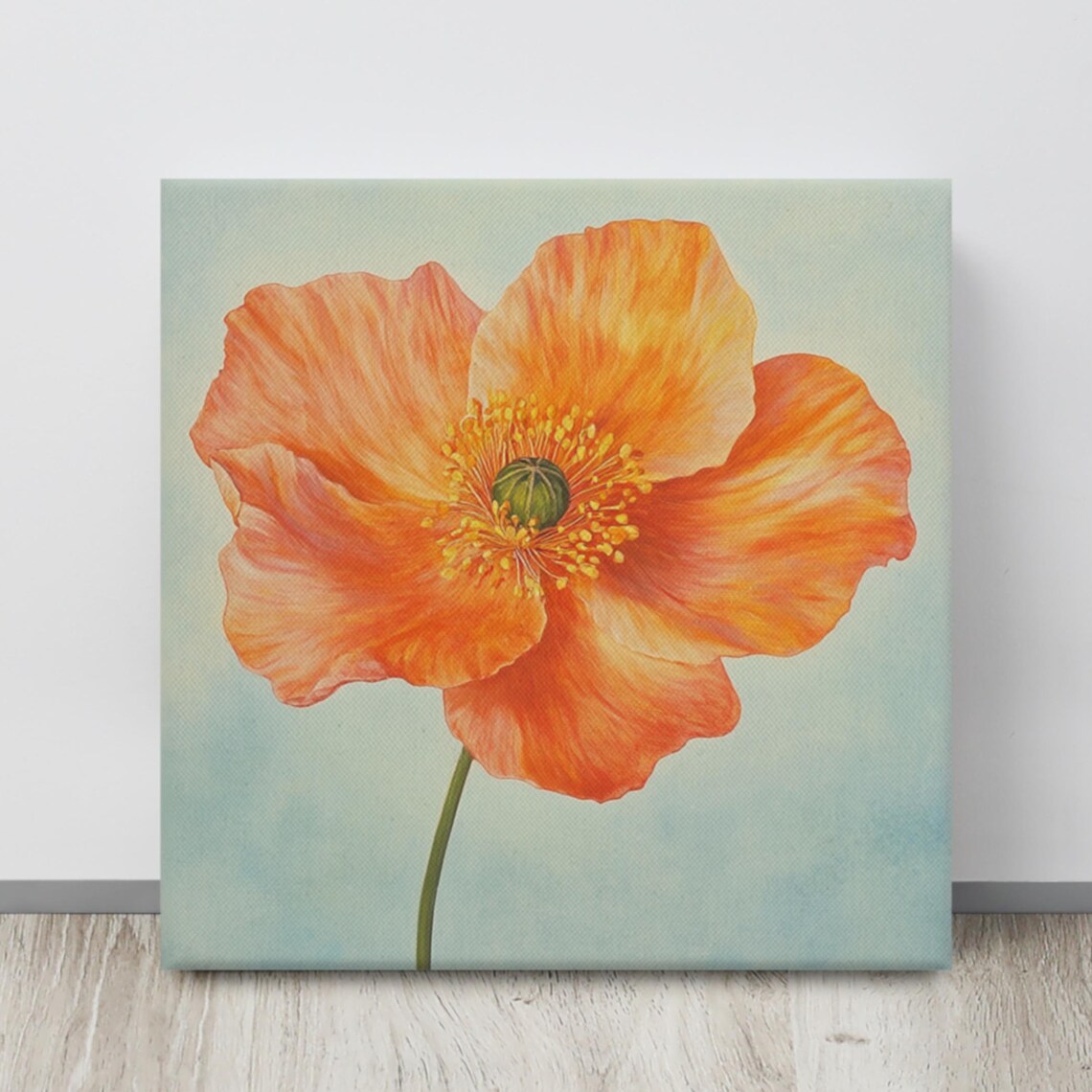 Orange Poppy Single Bright Bloom Soft Blue Floral Painting Print