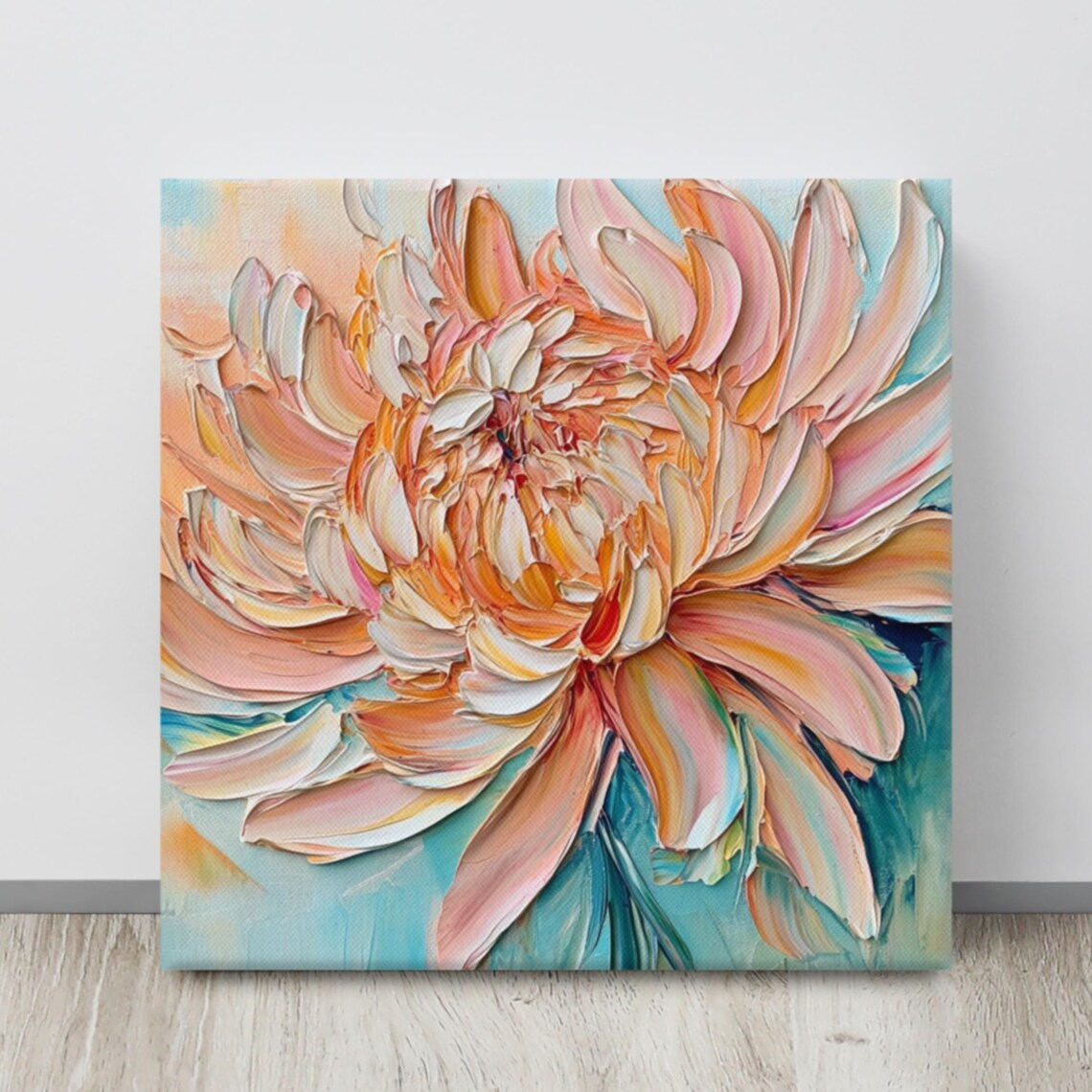 Peach Chrysanthemum Impasto Painting Teal Background Floral Poster