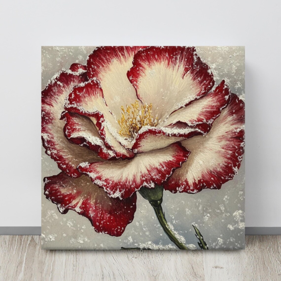 Red White Carnation Snow Dusted Winter Frost Holiday Statement Poster