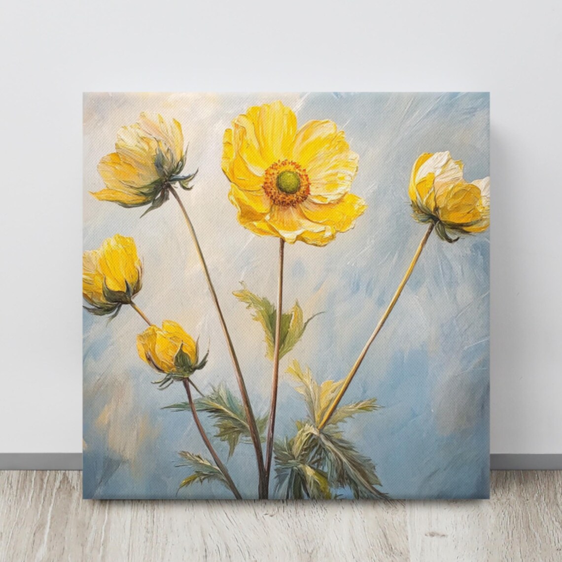 Yellow Globeflowers Tall Stems Blue Sky Floral Painting Print