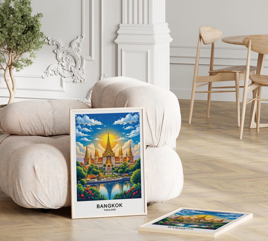 Bangkok Thailand Grand Temple Spires Lake Reflection Sunrise Poster - Image 3
