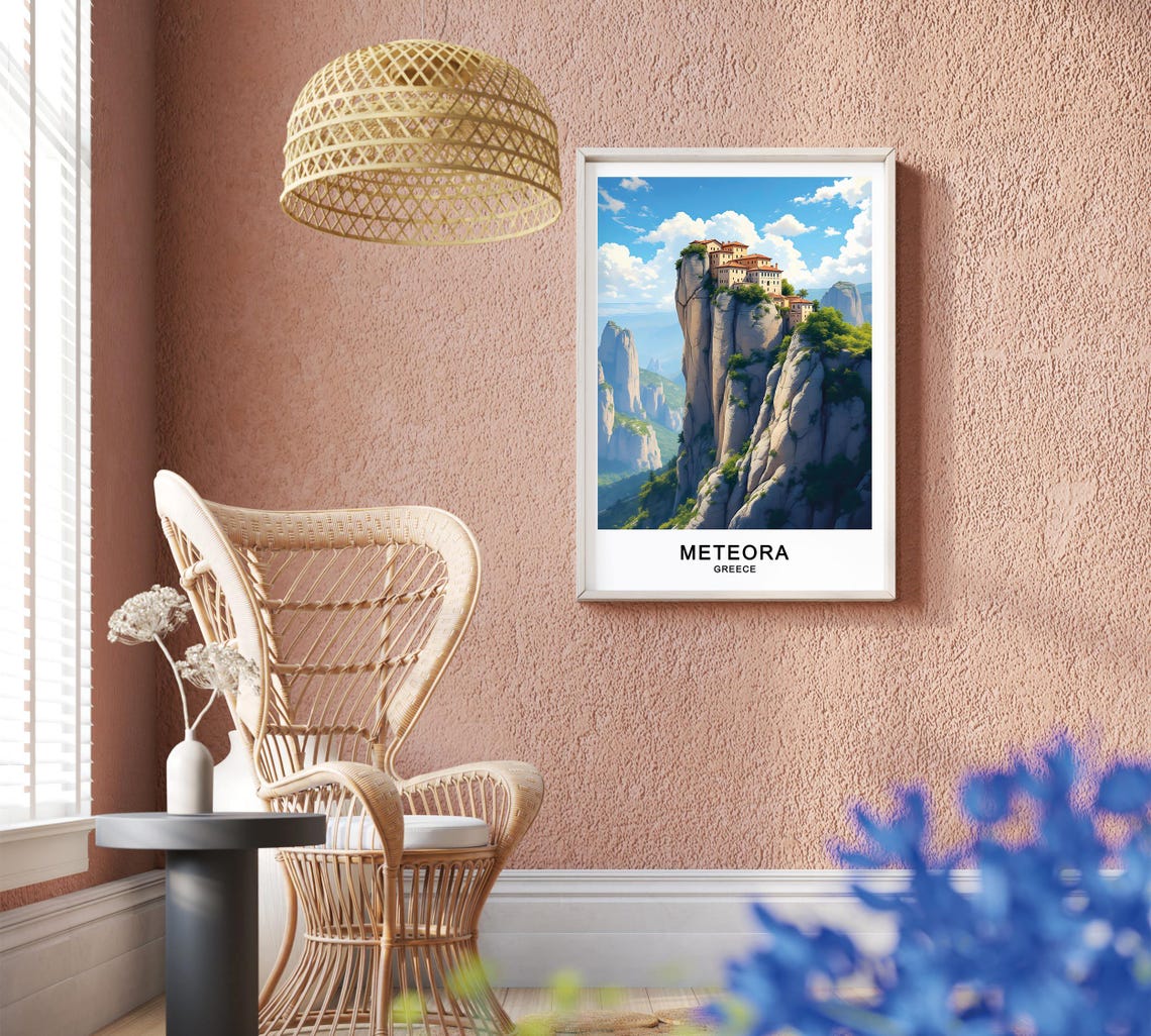 Meteora Greece Monastery Atop Towering Rock Pillars Sky Poster - Image 2