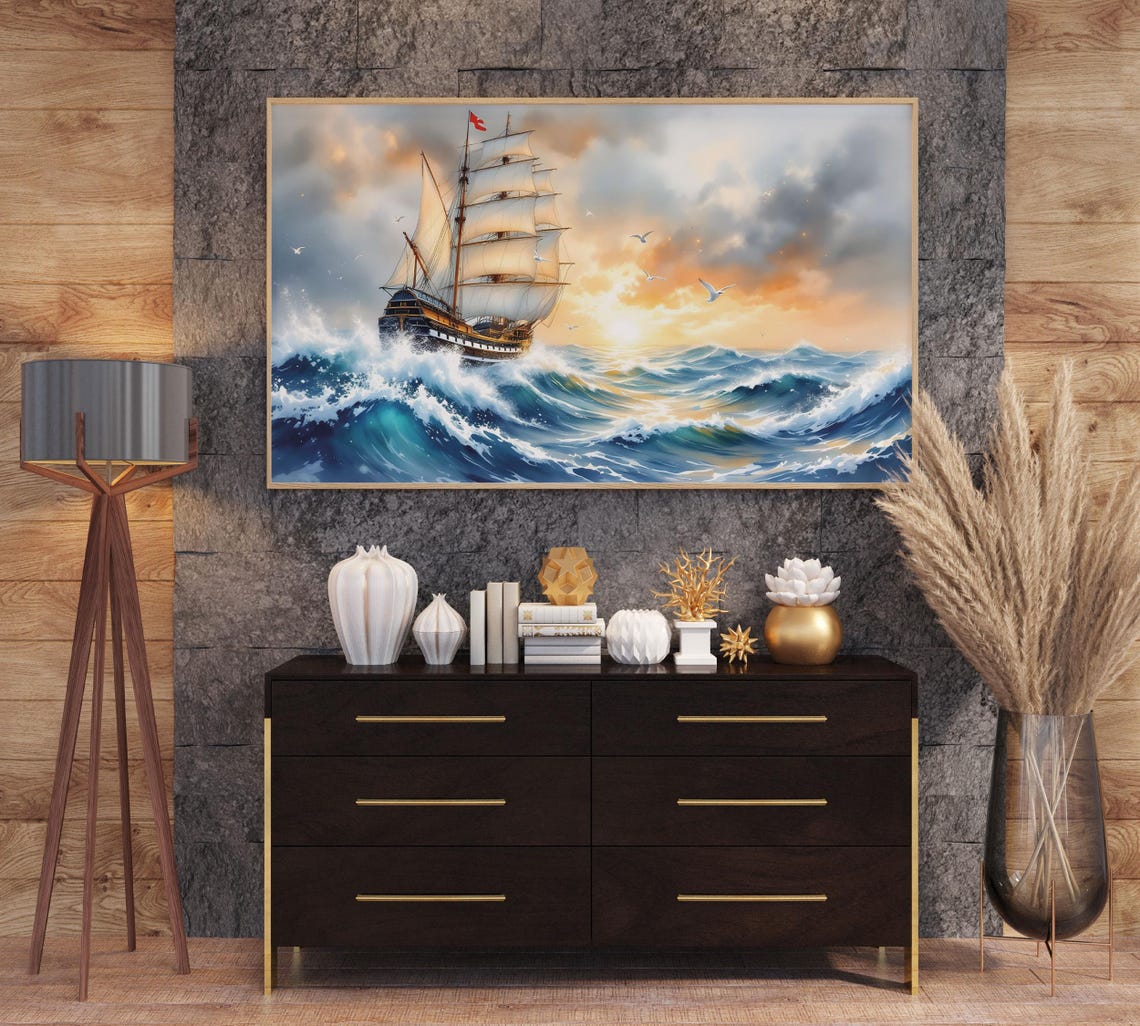 Tall Ship Stormy Sunset Ocean Waves Sailing Vessel Wall Art Print - Image 3