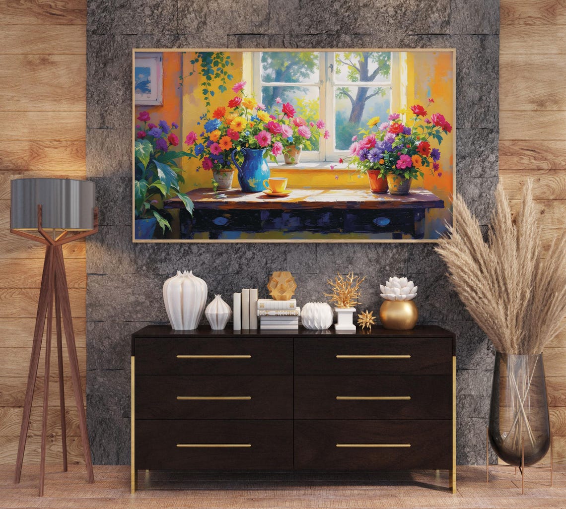 Vibrant Table With Yellow Cup And Blue Pitcher Tv Art Colorful Interior Scene Perfect Home Decor Gift Portrait - Image 2